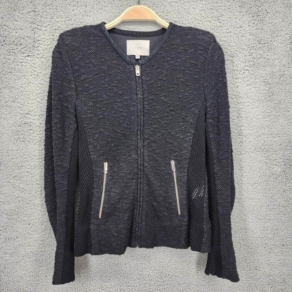 IRO Amiya Textured Knit Zip Up Jacket Women Size 40‎ Black Leather Trim